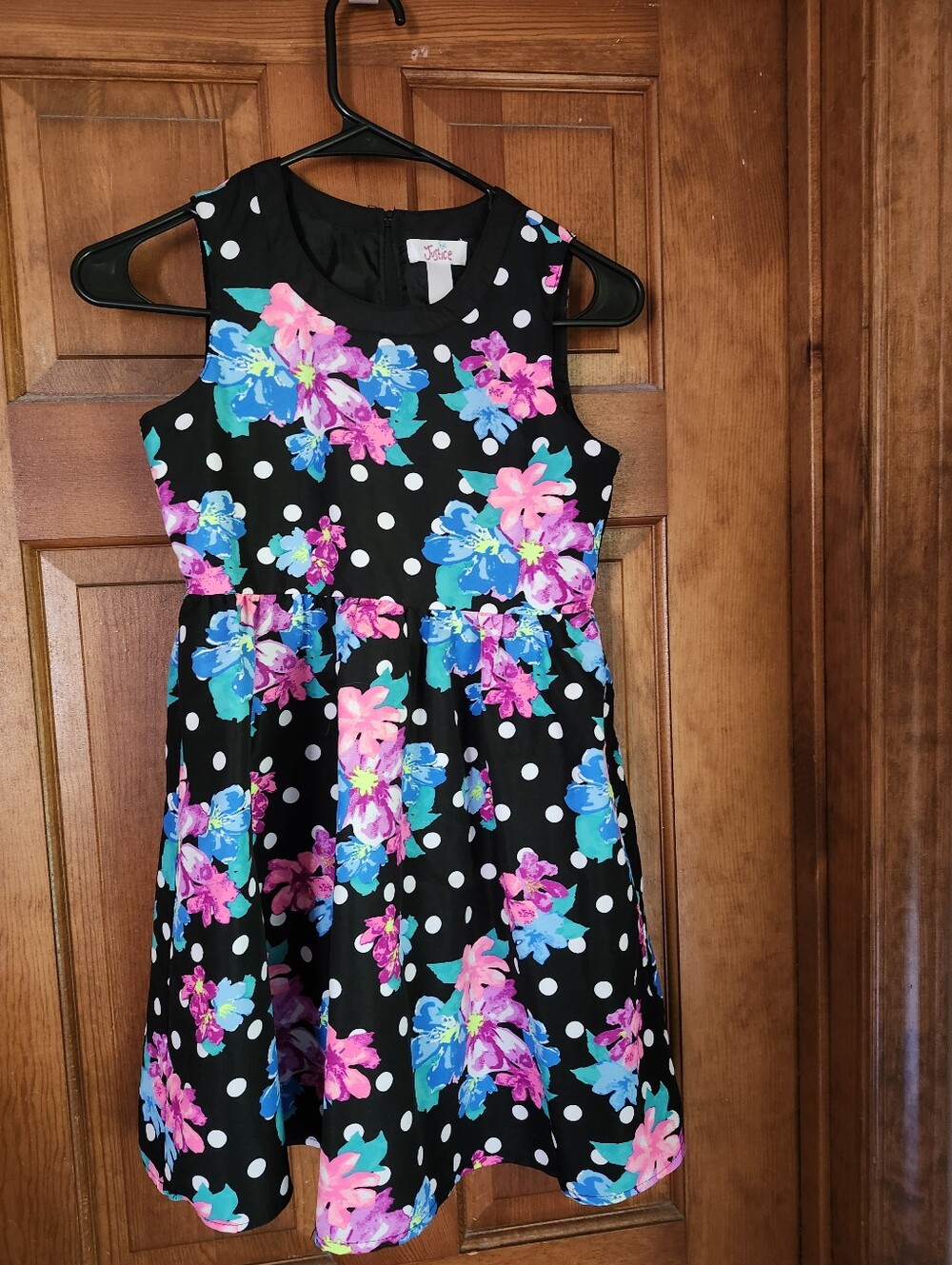 Kids Floral Polka Dot Dress - Black with Pink & Blue Flowers